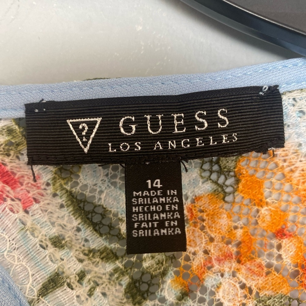 Guess Blue Lace Floral Mini Bodycon Dress Keyhole Back Sleeveles Lattice Size 14 - Picture 3 of 12